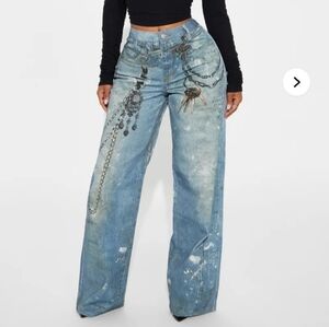 Fashion Nova Light Blue Distressed Wide Leg Jeans with Chain Print
